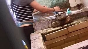 Cousin fucks my ass roughly, leaving creampie while I wash clothes, feeling intense pleasure