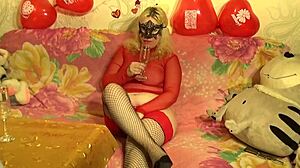 hot blonde in red lingerie shows off