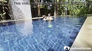 hot babe takes a swim and gets my cock poolside