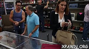 Beautiful amateur has rough sex and blowjob in the shop during a contest