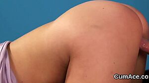 Horny babe gets cum load on her face sucking all the ejaculate with bukkake pov facial