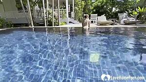 hot babe takes a swim and gets my cock poolside