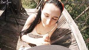 Risky outdoor facefuck and cum in throat at the hunting tower.