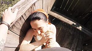 Risky outdoor facefuck and cum in throat at the hunting tower.