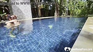 hot babe takes a swim and gets my cock poolside