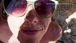 blonde has sex outside the barn, walks with cum, then enjoys public outdoor shower with facial