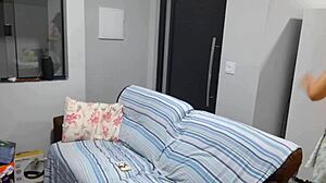 Housewife shows off for internet technician in uniform