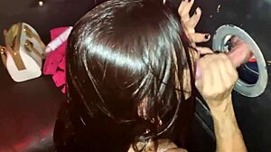 Brunette sucks cock in glory hole