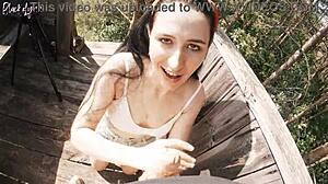 Risky outdoor facefuck and cum in throat at the hunting tower.