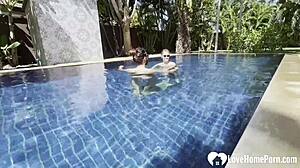 hot babe takes a swim and gets my cock poolside