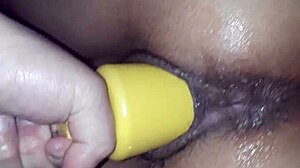 Watch my wife ride this big dildo to orgasm, her vagina dripping