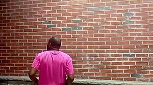 A private strip tease for free while faced backwards in 70 degree weather