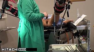 Freshman receives mandatory Hitachi orgasm from doctor.