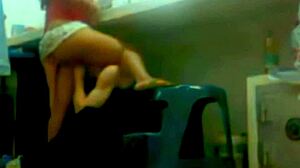 While working, boss's son licks and fucks latina girlfriend in homemade scene with spitting and swallowing