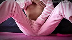 Petite teen masturbates to big squirt close-up