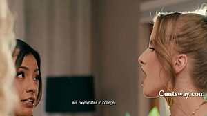 detailed striptease with squirting brunette and blonde maid licking