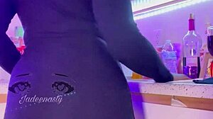 Ebony wife squirts in kitchen.