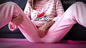 Petite teen masturbates to big squirt close-up