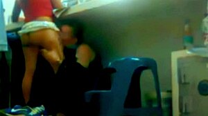 While working, boss's son licks and fucks latina girlfriend in homemade scene with spitting and swallowing