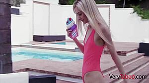 Young blonde sends sexy selfies to step granddad outdoors