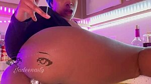 Ebony wife squirts in kitchen.