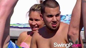 big pool party with real couples getting oral