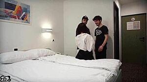 two friends fuck the skinny cleaning lady in hotel, creampie and cum in mouth threesome