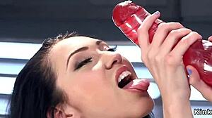 babe rubs dildo in yellow panties