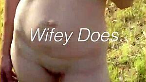 young wife takes her first nude walk, flashing her shaved pussy and big tits