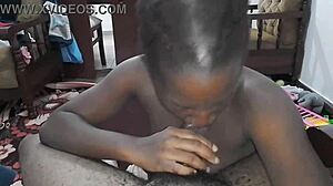 Ebony babe with big boobs sucks black cock deepthroat, she loves it so much