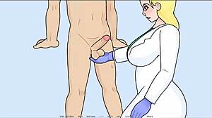 The doctor examines the milf patient in the hospital, focusing on her tits in a cartoon style.