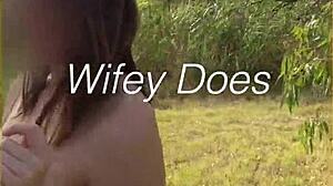 young wife takes her first nude walk, flashing her shaved pussy and big tits