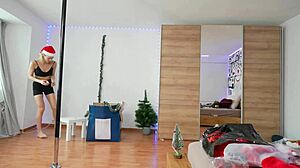 Cute solo dancer decorating christmas with pole dancing and ass worshiping