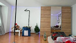Cute solo dancer decorating christmas with pole dancing and ass worshiping