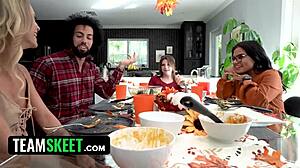 Thanksgiving Lunch Turns into Intense Foursome with Three Girls Sharing One Cock.