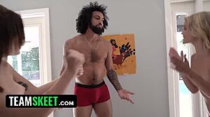 Thanksgiving Lunch Turns into Intense Foursome with Three Girls Sharing One Cock.