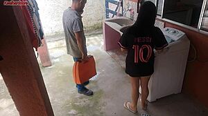 housewife pays technician with ass while husband away