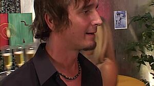 Hairless teen pornstar in double anal threesome with blowjob