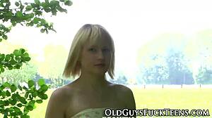 outdoor teen swallows old man's cum