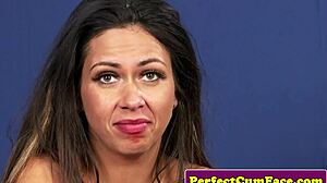 gorgeous uk milf in stockings receives a facial in pov handjob scene