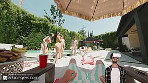 Vr bangers three hot bikini babes fuck hard in a wild hollywood poolside orgy