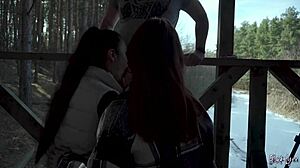 Public threesome blowjob