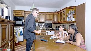 Interracial kitchen threesome