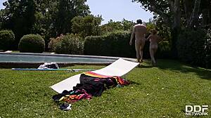 redhead swallows cock